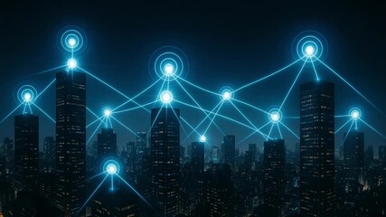 Digital connectivity revolution urban cityscape infographic nighttime aerial view future technology - Powered by Adobe