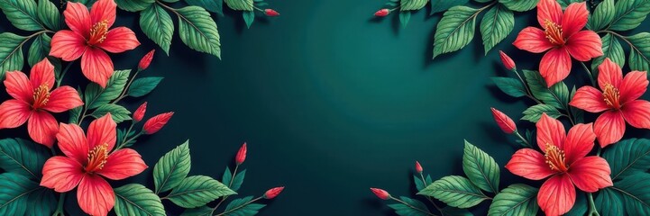 Vibrant tropical leaves & flowers, Art Nouveau design; rich jewel tones, intricate detail, art nouveau, background, exotic