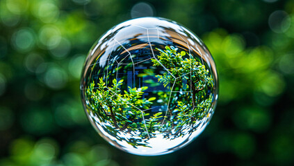 Sphere reflecting foliage and digital data