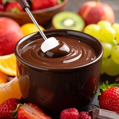 Close-up of rich, melted chocolate fondue in a pot, surrounded by fresh fruits and marshmallows for dipping, elegant dessert presentation, gourmet food photography style