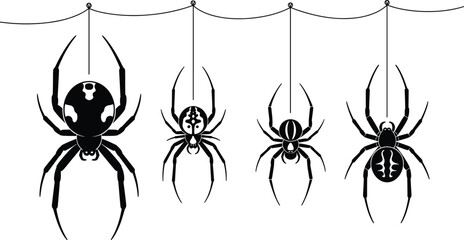 Vector illustration of hanging spiders silhouettes with web threads, creepy Halloween design elements, spooky insect artwork for horror decoration and festive themes