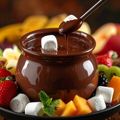 Close-up of rich, melted chocolate fondue in a pot, surrounded by fresh fruits and marshmallows for dipping, elegant dessert presentation, gourmet food photography style