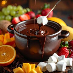 Close-up of rich, melted chocolate fondue in a pot, surrounded by fresh fruits and marshmallows for dipping, elegant dessert presentation, gourmet food photography style