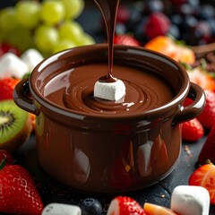 Close-up of rich, melted chocolate fondue in a pot, surrounded by fresh fruits and marshmallows for dipping, elegant dessert presentation, gourmet food photography style