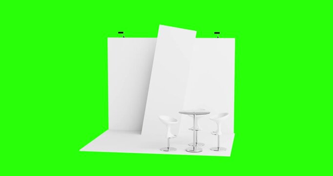 4k Resolution Video: Exhibition Concept. Empty White Stand With Minimal Chairs And Table Is Shown From Different Angles on Green Screen Background with Alpha Matte