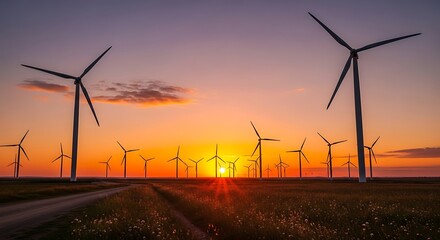 Wind turbines in a field at sunset with a path leading to the horizon and a colorful sky above them
