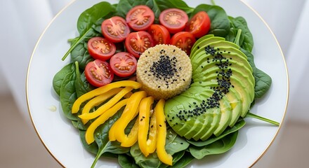 A vibrant salad bowl featuring fresh spinach tomatoes avocado peppers and a grain center sprinkled with seeds