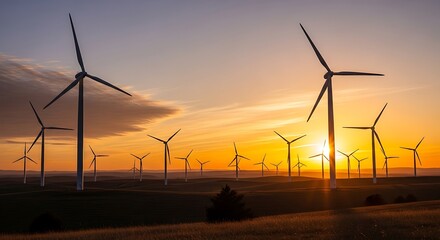 Wind turbines at sunset with orange sky and clouds creating a peaceful scene of renewable energy