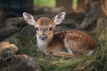A juvenile deer resting among grass and scattered wood