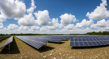 Panoramic view of a solar panel farm under a bright blue sky with fluffy white clouds above the field