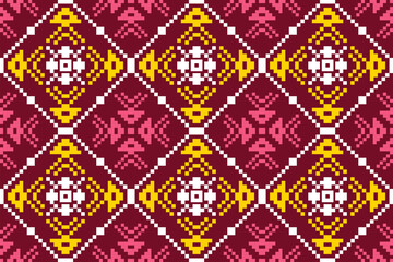 Pixel art Thai textile pattern in red, yellow, white, and pink, arranged in continuous diamond shapes.
