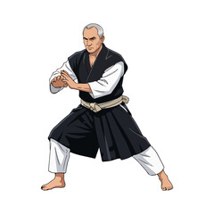 Elder martial artist in stance with forward block. Perfect for karate defense illustration, combat sport design, and poster artwork.