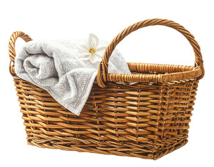 Obraz premium Handwoven Rattan Basket with Soft Towel Isolated on Transparent Background – Cozy Sto