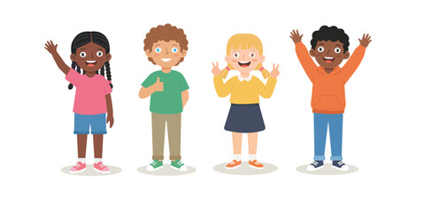 Happy Diverse Group of Kids Standing Together, Cartoon Vector Illustration of Children Smiling with Different Hand Gestures on White Background