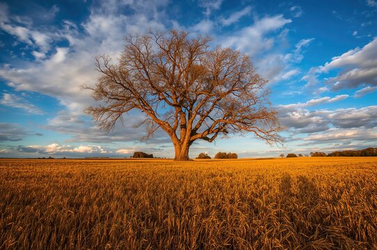 A massive pistachio terebinth standing tall amid a golden wheat field in autumn