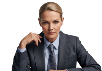 Professional businesswoman portrait image, serious female executive in suit, corporate leader, isolated on transparent background