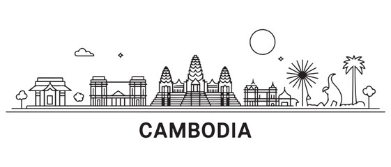 Obraz premium Cambodia Line Art skyline. Travel Cambodia famous landmarks. with white background