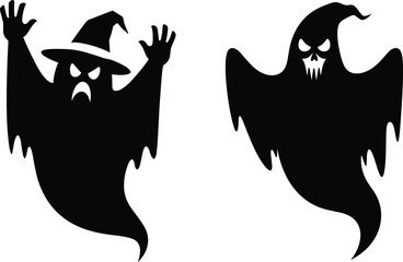 Vector illustration of spooky Halloween ghosts silhouettes with witch hat and skull face, scary horror design elements for festive decoration themes