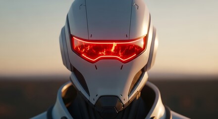 Fototapeta premium Futuristic robot soldier with glowing red visor, white armored cyborg helmet, high-tech sci-fi android character portrait for gaming and cinema