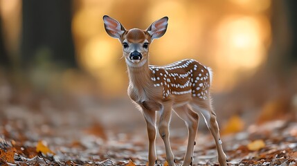 Adorable spotted fawn stands in a warm, sunlit autumn forest deer young deer photo