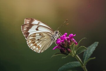 Naklejka premium Close-up of a white and brown butterfly perched on a plant with pink blossoms