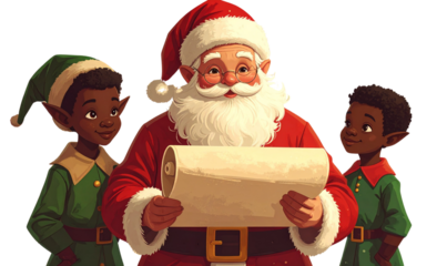 Vintage-Inspired Santa with Long Scroll and Helper Elves Standing Beside, Holiday Illustration PNG
