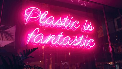 A glowing neon display with the phrase Plastic is fantastic shining in gentle pink hues