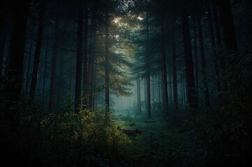 Fototapeta premium A vertical photo capturing a dense, shadowy woodland with towering trees and faint sunlight in the background