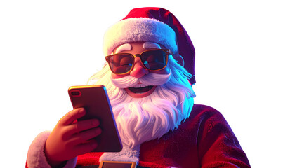 Cool Santa with Sunglasses Using Smartphone, Planning New Year Party, Transparent Background PNG