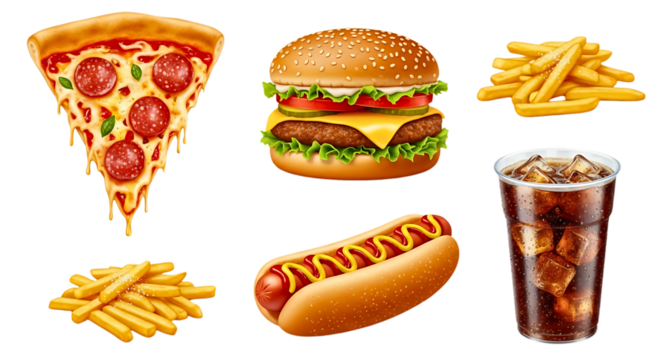 Fast food set isolated on transparent background, including pizza, burger, fries, hot dog, and soda