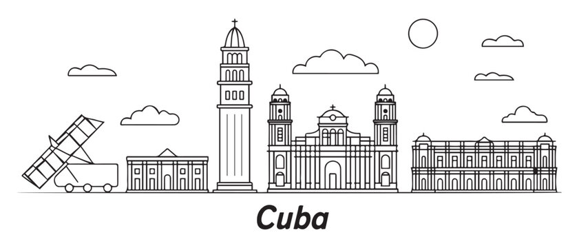 Cuba Line Art skyline. Travel Cuba famous landmarks. with white background - Powered by Adobe