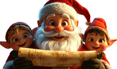 Jolly Santa Claus Reading Long Wish List Scroll with Elves Peeking, Transparent PNG