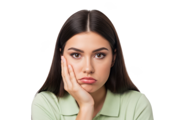 Sad brunette woman portrait with hand on face, depressed expression, moody look, isolated on transparent background
