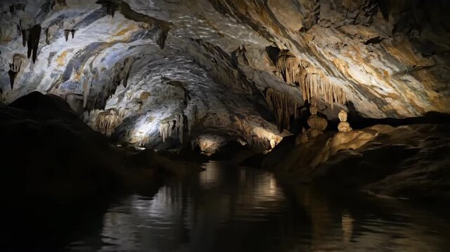 Slow tracking shot along a subterranean river winding through a vast limestone cave, reflections dancing on the ceiling magnificent, silence, river