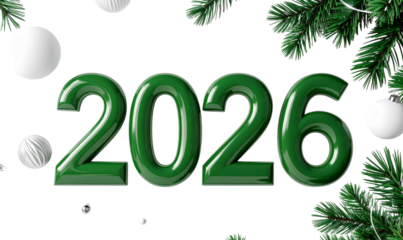 Minimal Holiday Poster with Green and White Ornaments and Bold 3D 2026 Typography, Seasonal Design