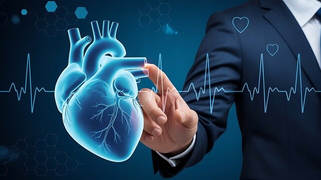 Medical professional touching a holographic heart and ekg line concept