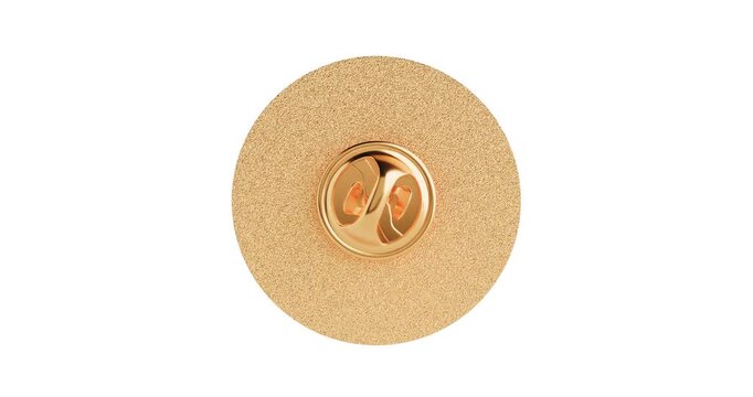 4k Resolution Video:  Golden Metal Badge Pin. Blank Circle Golden Lapel Pin Mockup With Safety Clasp Seamless Looped Rotating On White Background With Alpha Matte