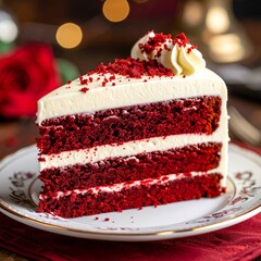 Close-up of a slice of red velvet cake with cream cheese frosting, topped with red crumbs and served on an elegant plate, gourmet dessert photography style