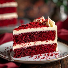 Close-up of a slice of red velvet cake with cream cheese frosting, topped with red crumbs and served on an elegant plate, gourmet dessert photography style