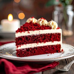 Close-up of a slice of red velvet cake with cream cheese frosting, topped with red crumbs and served on an elegant plate, gourmet dessert photography style