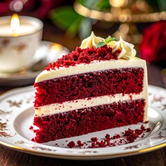 Close-up of a slice of red velvet cake with cream cheese frosting, topped with red crumbs and served on an elegant plate, gourmet dessert photography style