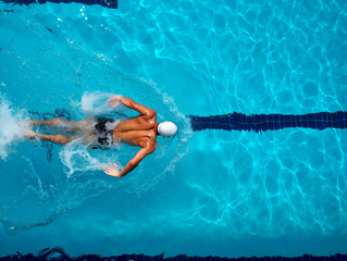 Swimmer focuses on technique, performing a freestyle stroke in a bright indoor pool while water splashes around, showcasing speed and agility. Generative AI.