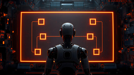 Robot interacts glowing orange digital interface, processing complex data. Futuristic technology visualizes intelligent network, representing artificial intelligence, automation, future