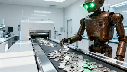 Robotic coin sorting event in a laboratory environment high-tech automation concept futuristic technology showcase