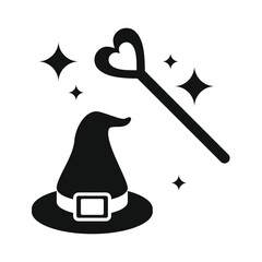 Black silhouette of a witch s hat and a magic wand with sparkling stars symbolizing fantasy and enchantment