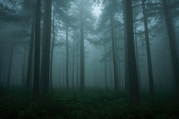 Obraz premium A dense emerald woodland shrouded in a refreshing fog ideal for backgrounds on laptops or mobile devices.