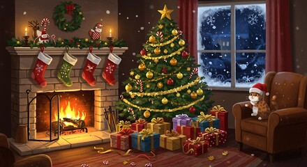 Cozy christmas living room scene with decorated tree fireplace and gifts isolated on white background