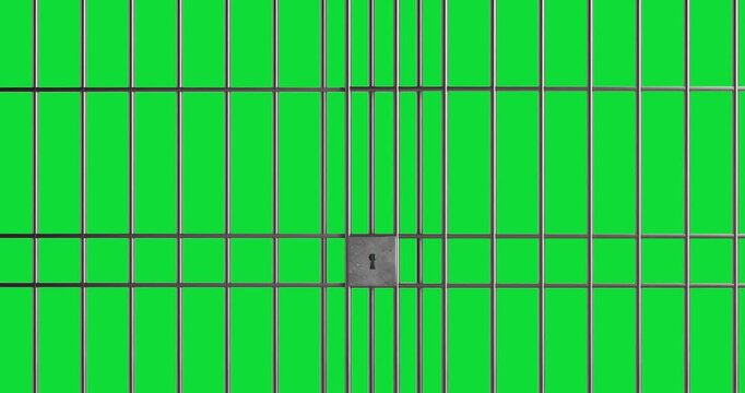 4k Resolution Video: Security Concept. Black Prison Jail Bars With Central Keyhole Closes and Opens On Green Screen Background with Alpha Matte