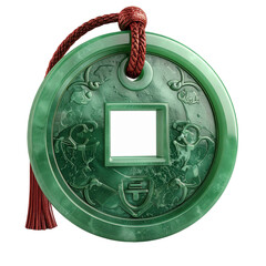 Intricately carved jade pendant exhibits a circular design with a central square opening, featuring detailed relief carvings and a red cord for hanging, captured against a stark black background,...