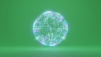 Futuristic holographic globe with digital patterns over a vibrant green background, representing data and connectivity.